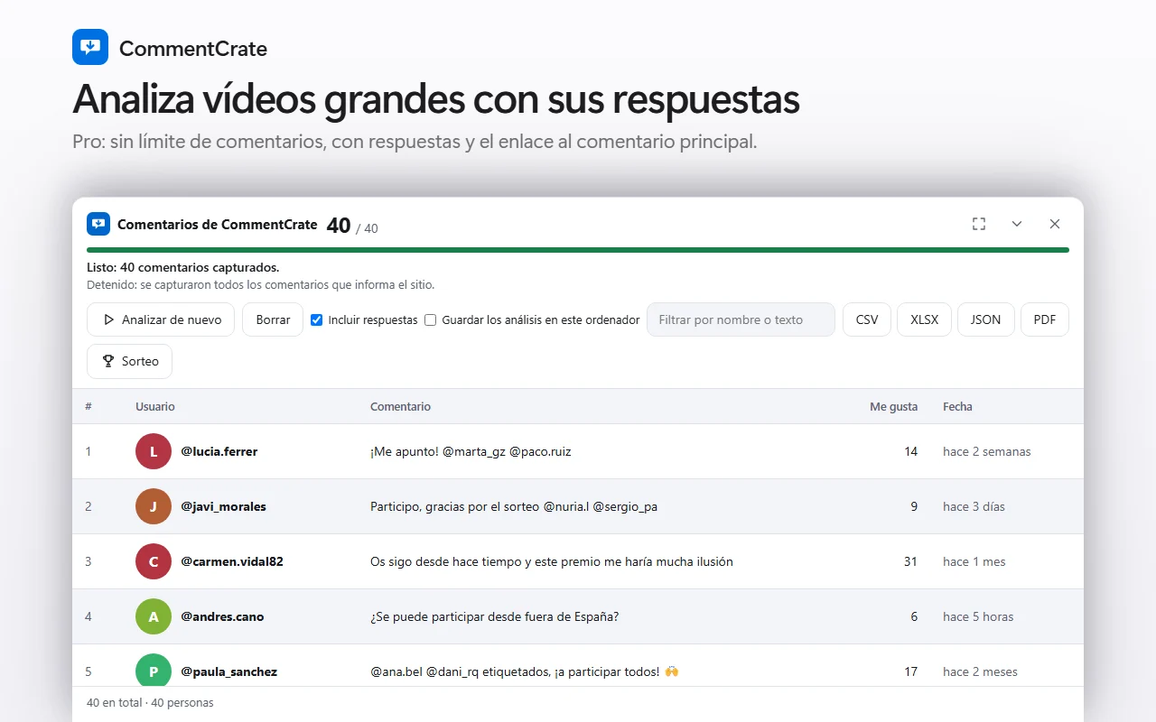 El panel de comentarios de CommentCrate en un vídeo de YouTube: nombres, comentarios, «me gusta» y tiempos relativos como «hace 2 semanas»