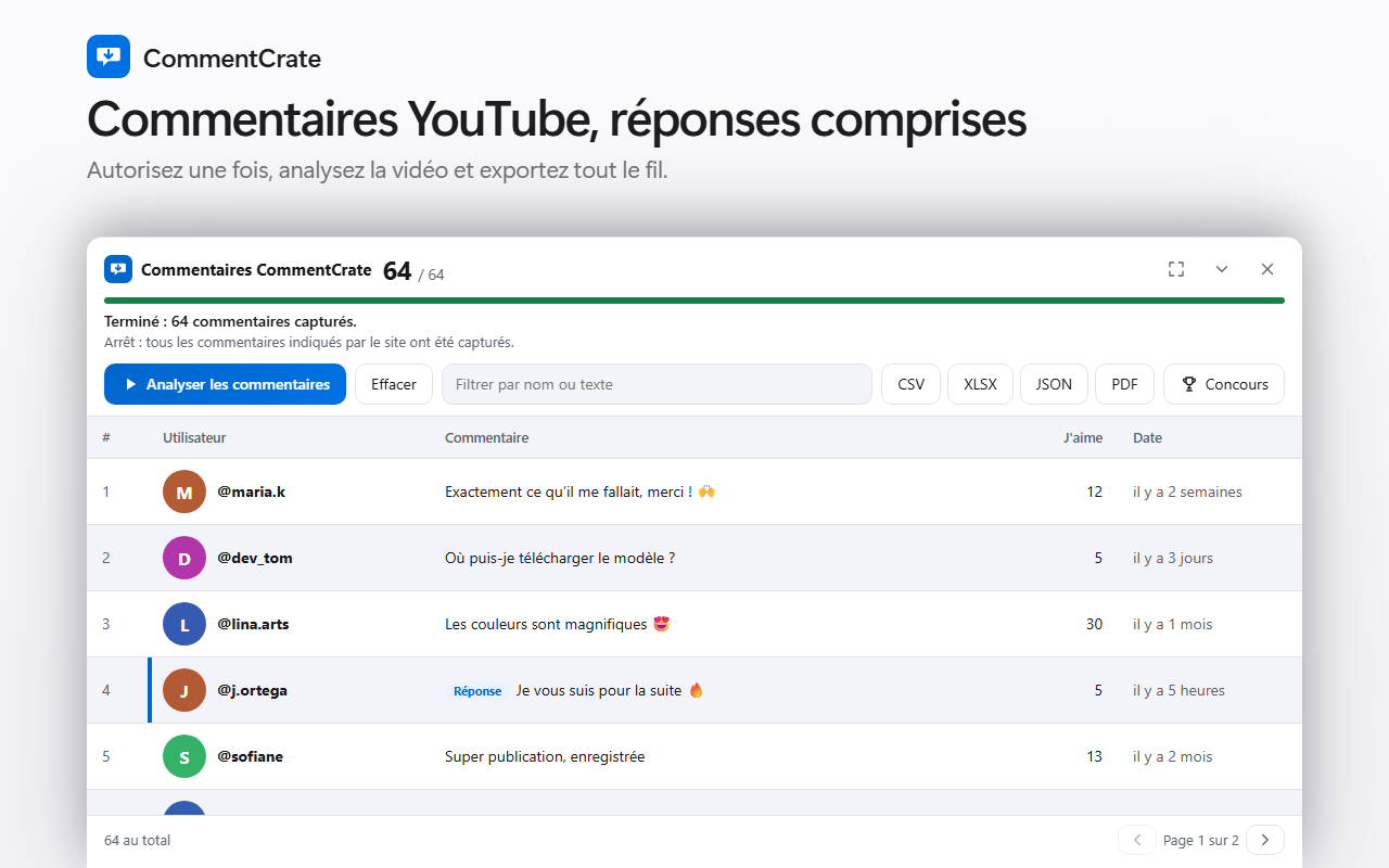 Le panneau de commentaires CommentCrate sur une vidéo YouTube : pseudos, commentaires, J’aime et durées relatives comme « il y a 2 semaines »