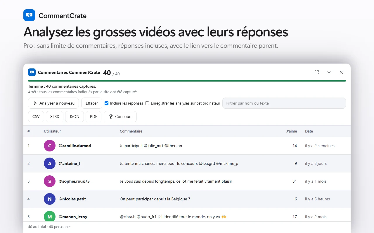 Le panneau de commentaires CommentCrate sur une vidéo YouTube : pseudos, commentaires, J’aime et durées relatives comme « il y a 2 semaines »