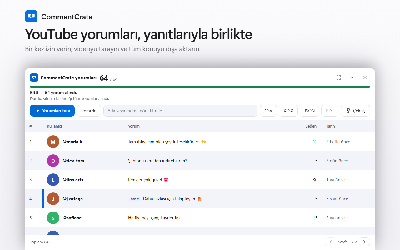 Bir YouTube videosunda CommentCrate yorum paneli: kullanıcı adları, yorumlar, beğeniler ve “2 hafta önce” gibi göreli zamanlar