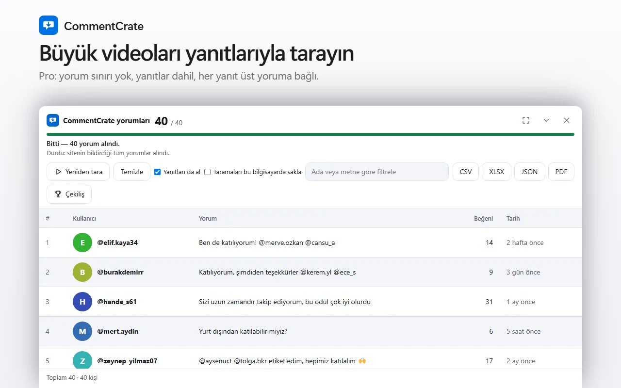 Bir YouTube videosunda CommentCrate yorum paneli: kullanıcı adları, yorumlar, beğeniler ve “2 hafta önce” gibi göreli zamanlar